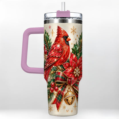 #pl[Pink] Christmas Cardinal 40oz Tumbler with Handle, Poinsettia Holiday Artwork