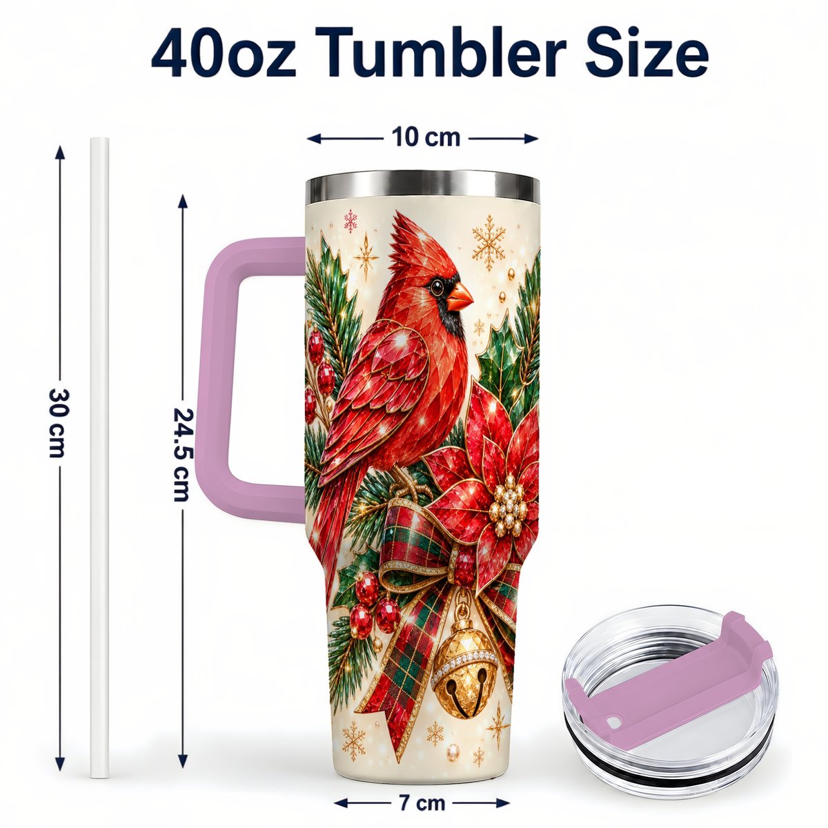 #pl[Pink] Christmas Cardinal 40oz Tumbler with Handle, Poinsettia Holiday Artwork