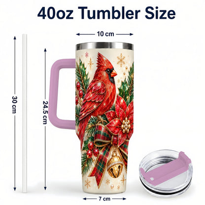 #pl[Pink] Christmas Cardinal 40oz Tumbler with Handle, Poinsettia Holiday Artwork