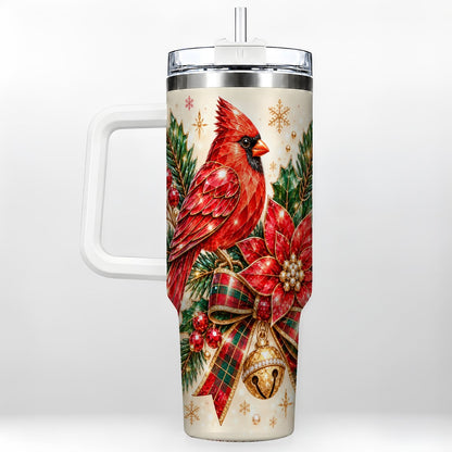 Christmas Cardinal 40oz Tumbler with Handle, Poinsettia Holiday Artwork