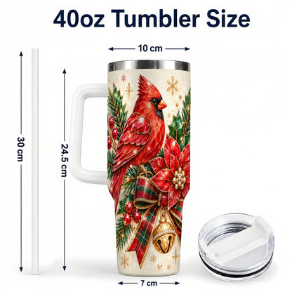 #pl[White] Christmas Cardinal 40oz Tumbler with Handle, Poinsettia Holiday Artwork