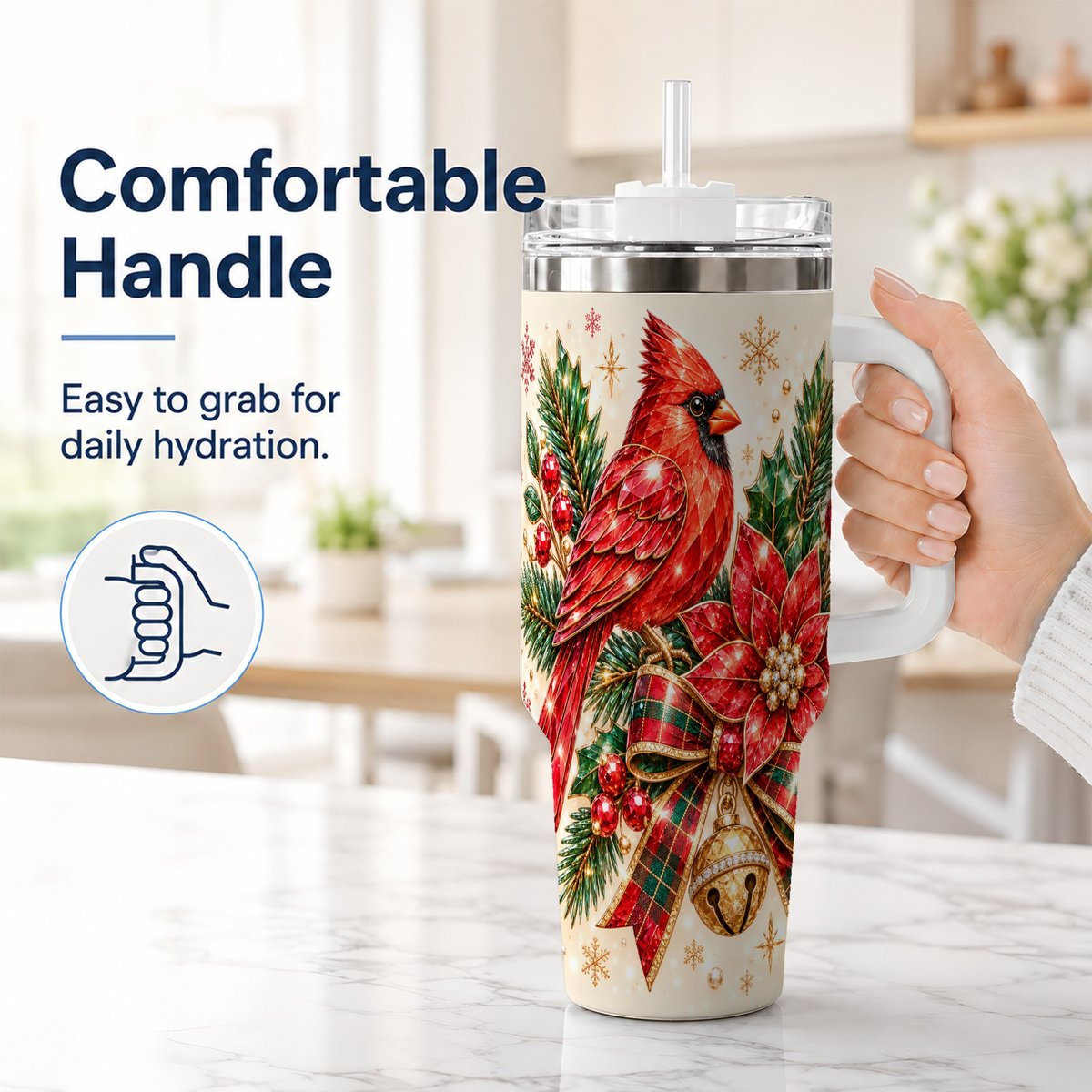 #pl[White] Christmas Cardinal 40oz Tumbler with Handle, Poinsettia Holiday Artwork