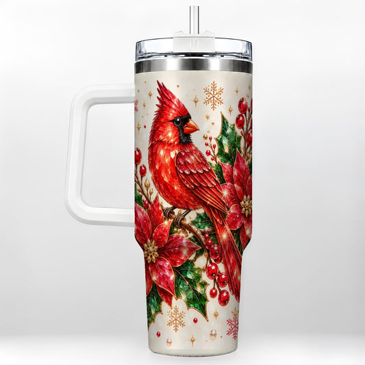 Red Cardinal Floral 40oz Tumbler with Handle, Christmas Bird Art