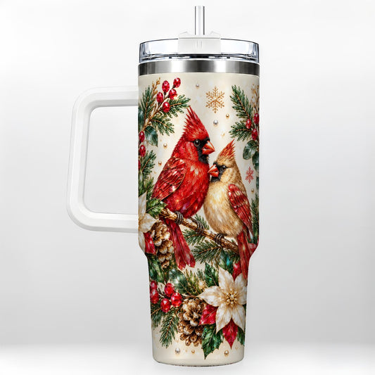 Cardinal Pair 40oz Tumbler with Handle, Winter Evergreen Art