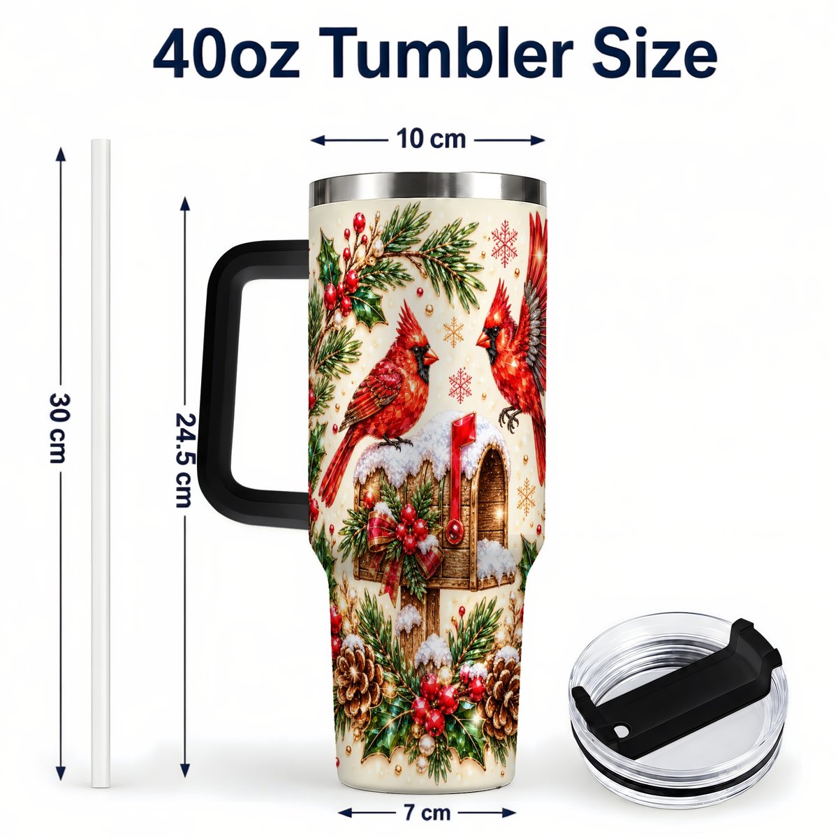 #pl[Black] Cardinal Mailbox 40oz Tumbler with Handle, Christmas Winter Art