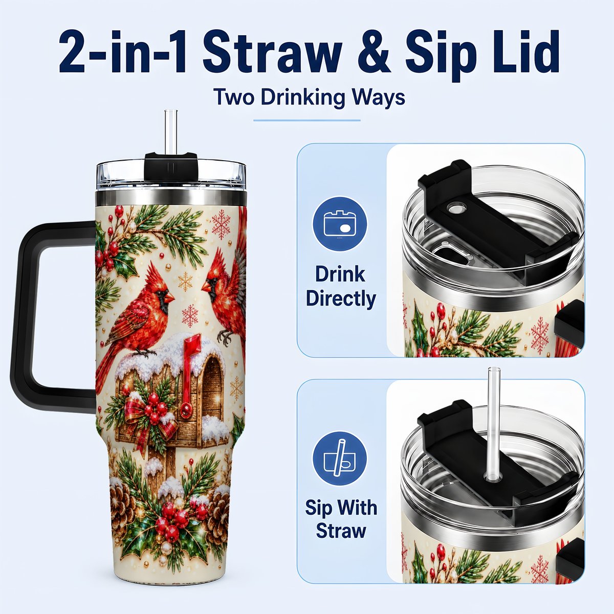 #pl[Black] Cardinal Mailbox 40oz Tumbler with Handle, Christmas Winter Art