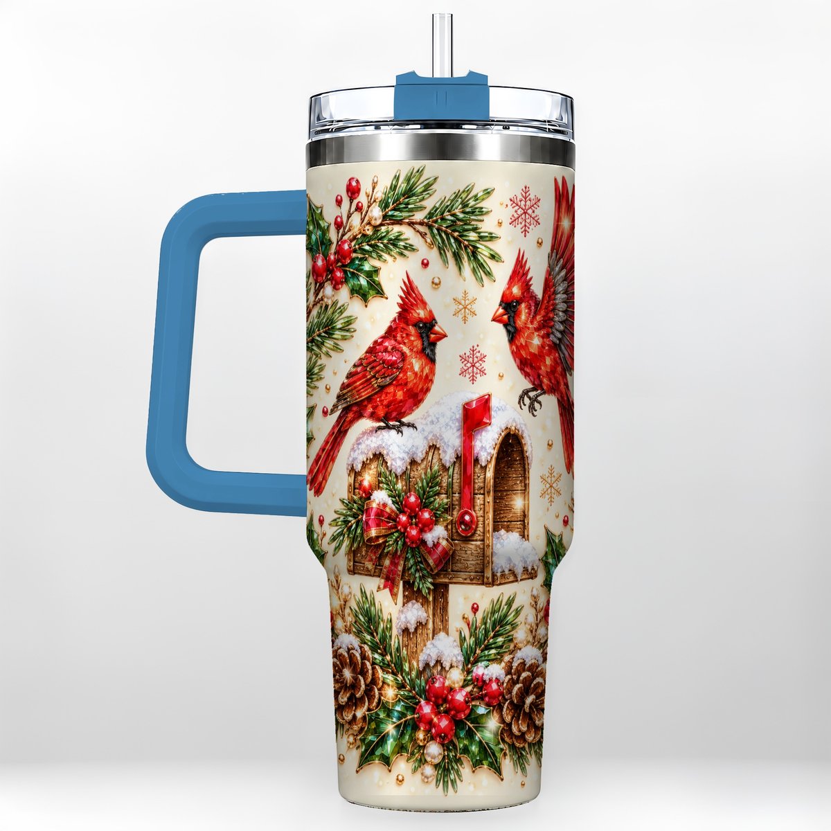 #pl[Blue] Cardinal Mailbox 40oz Tumbler with Handle, Christmas Winter Art