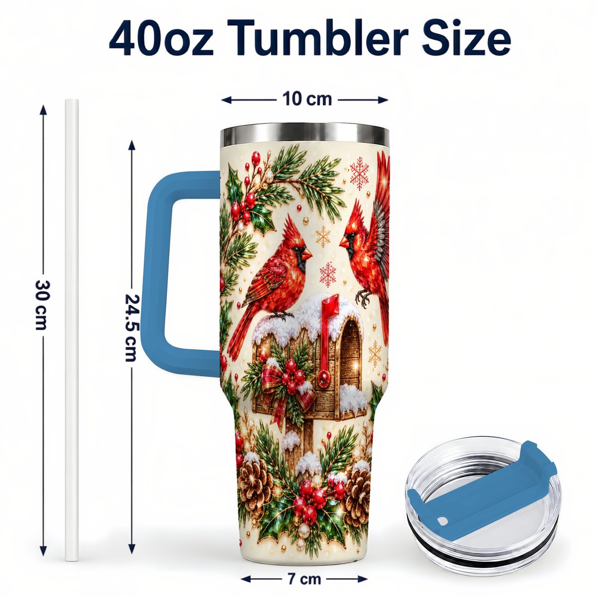 #pl[Blue] Cardinal Mailbox 40oz Tumbler with Handle, Christmas Winter Art
