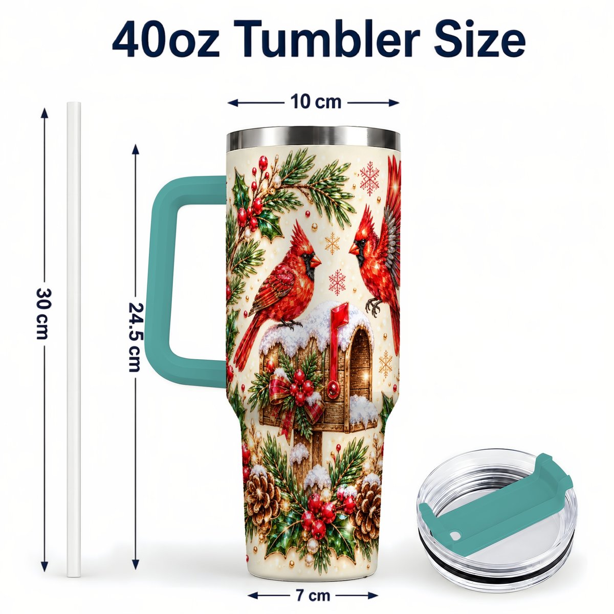 #pl[Green] Cardinal Mailbox 40oz Tumbler with Handle, Christmas Winter Art