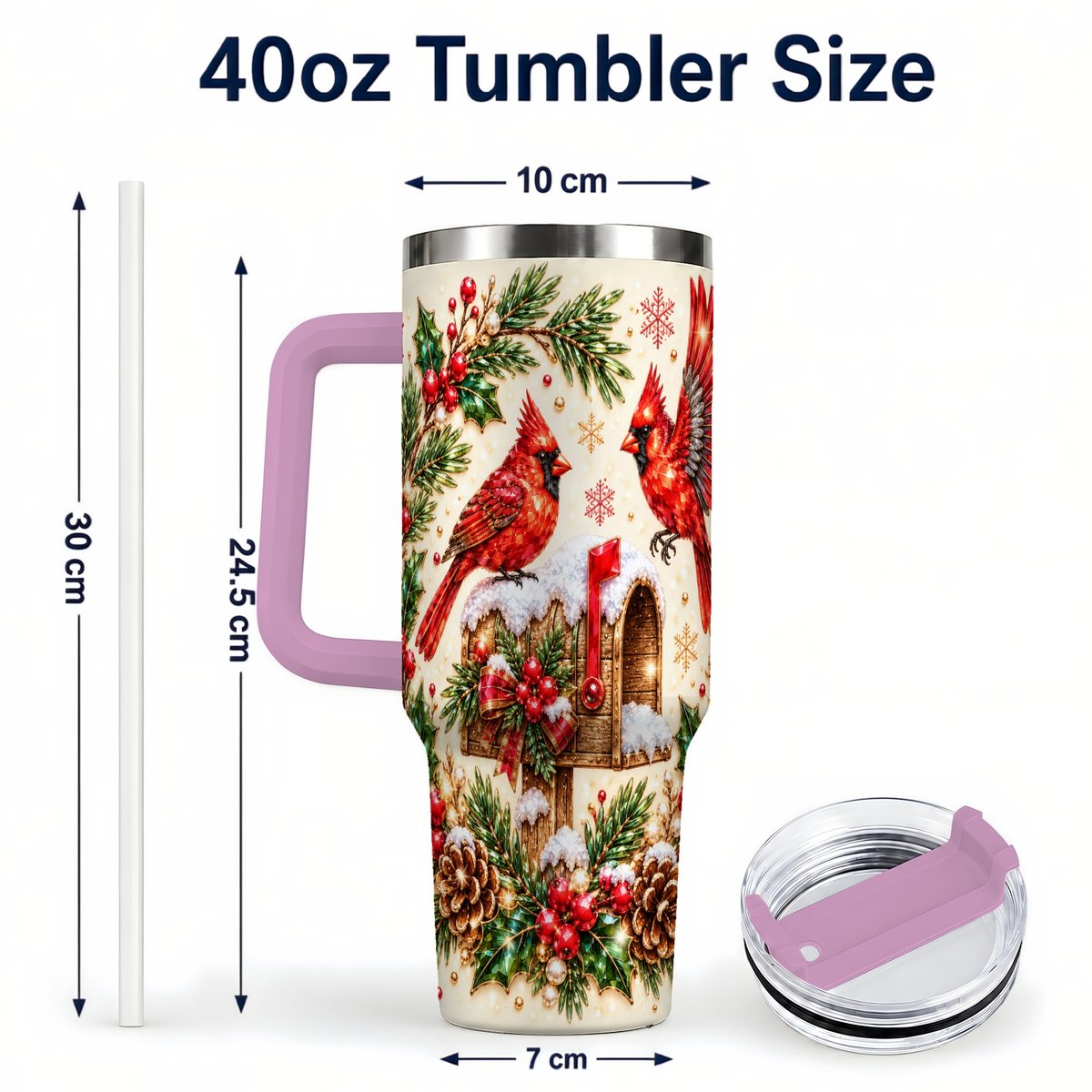 #pl[Pink] Cardinal Mailbox 40oz Tumbler with Handle, Christmas Winter Art