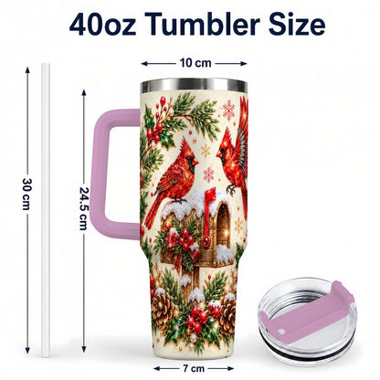 #pl[Pink] Cardinal Mailbox 40oz Tumbler with Handle, Christmas Winter Art