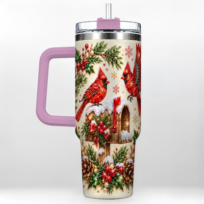 #pl[Pink] Cardinal Mailbox 40oz Tumbler with Handle, Christmas Winter Art