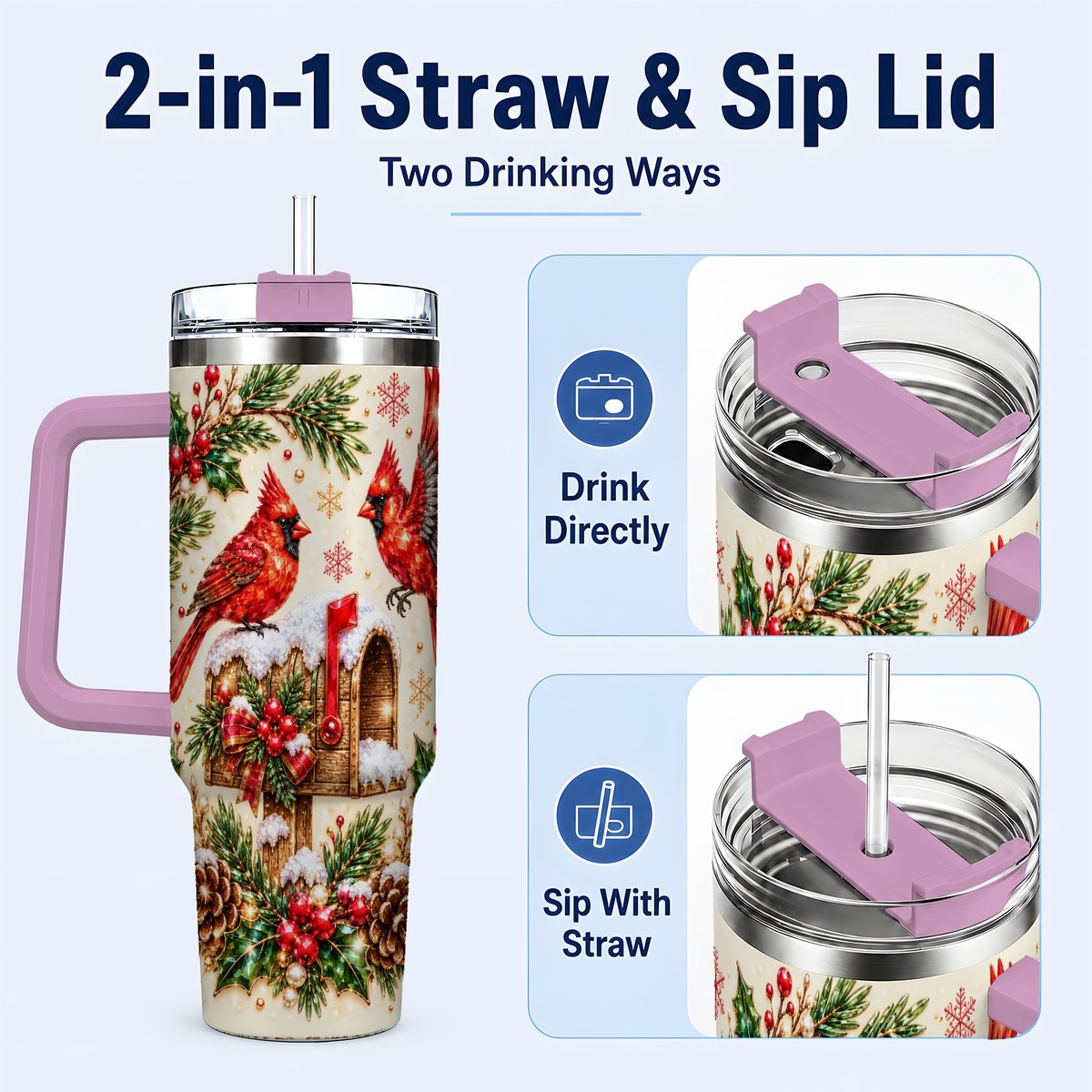 #pl[Pink] Cardinal Mailbox 40oz Tumbler with Handle, Christmas Winter Art