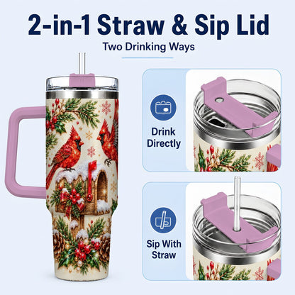 #pl[Pink] Cardinal Mailbox 40oz Tumbler with Handle, Christmas Winter Art
