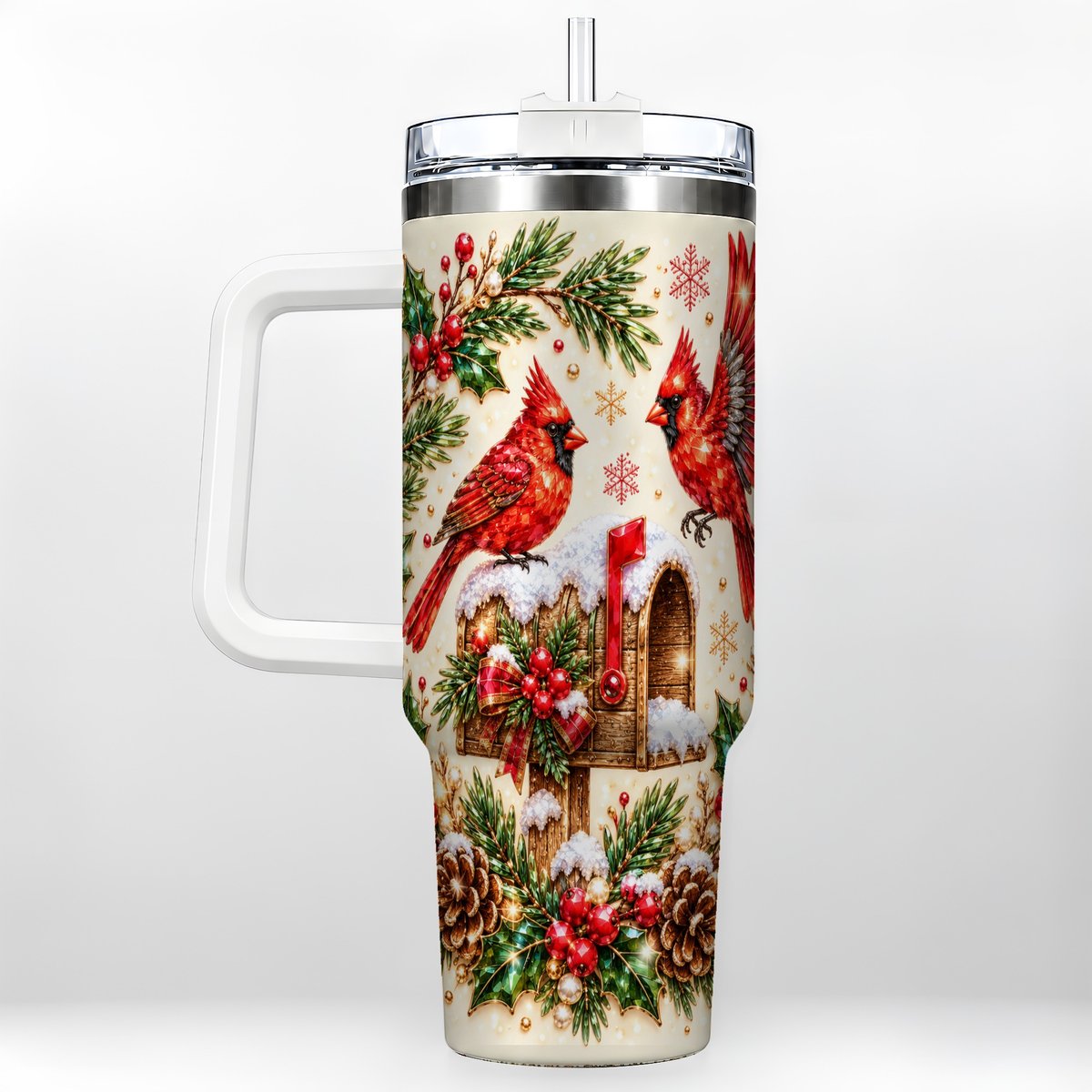 Cardinal Mailbox 40oz Tumbler with Handle, Christmas Winter Art
