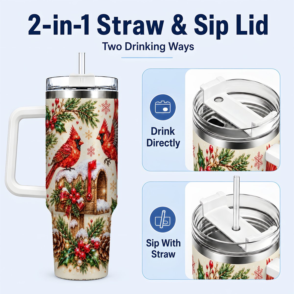 #pl[White] Cardinal Mailbox 40oz Tumbler with Handle, Christmas Winter Art
