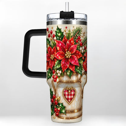 #pl[Black] Cardinal Poinsettia 40oz Tumbler with Handle, Festive Floral Art