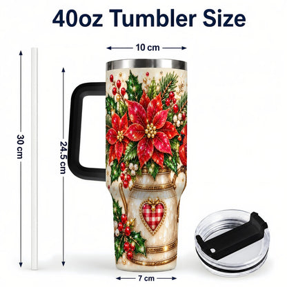 #pl[Black] Cardinal Poinsettia 40oz Tumbler with Handle, Festive Floral Art