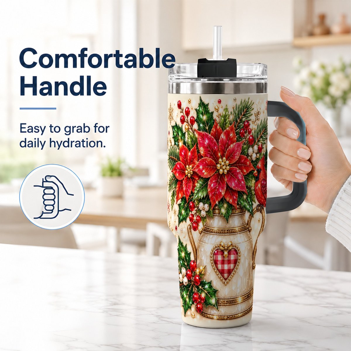 #pl[Black] Cardinal Poinsettia 40oz Tumbler with Handle, Festive Floral Art