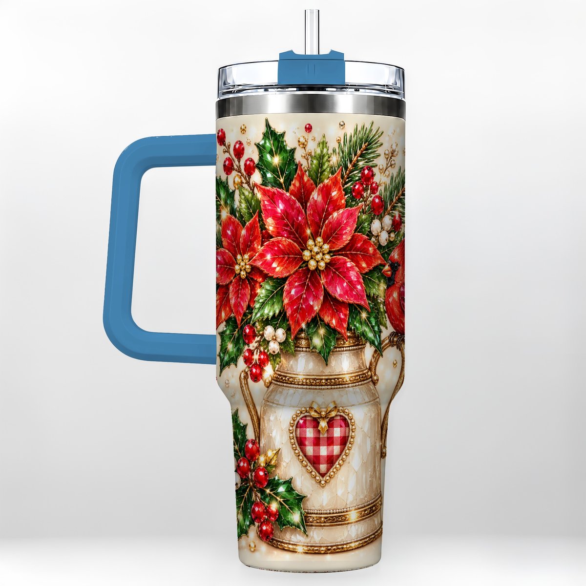 #pl[Blue] Cardinal Poinsettia 40oz Tumbler with Handle, Festive Floral Art