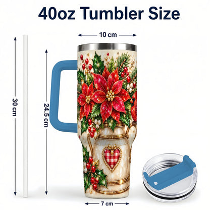 #pl[Blue] Cardinal Poinsettia 40oz Tumbler with Handle, Festive Floral Art