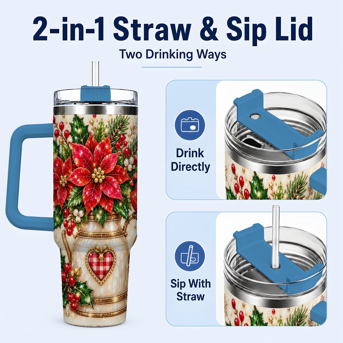#pl[Blue] Cardinal Poinsettia 40oz Tumbler with Handle, Festive Floral Art