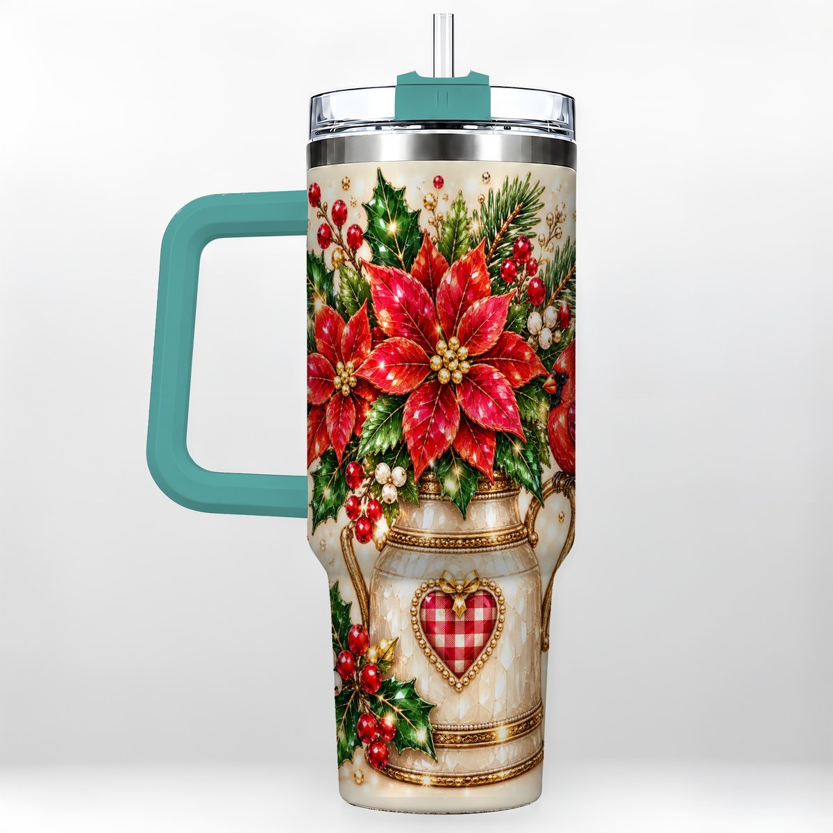 #pl[Green] Cardinal Poinsettia 40oz Tumbler with Handle, Festive Floral Art