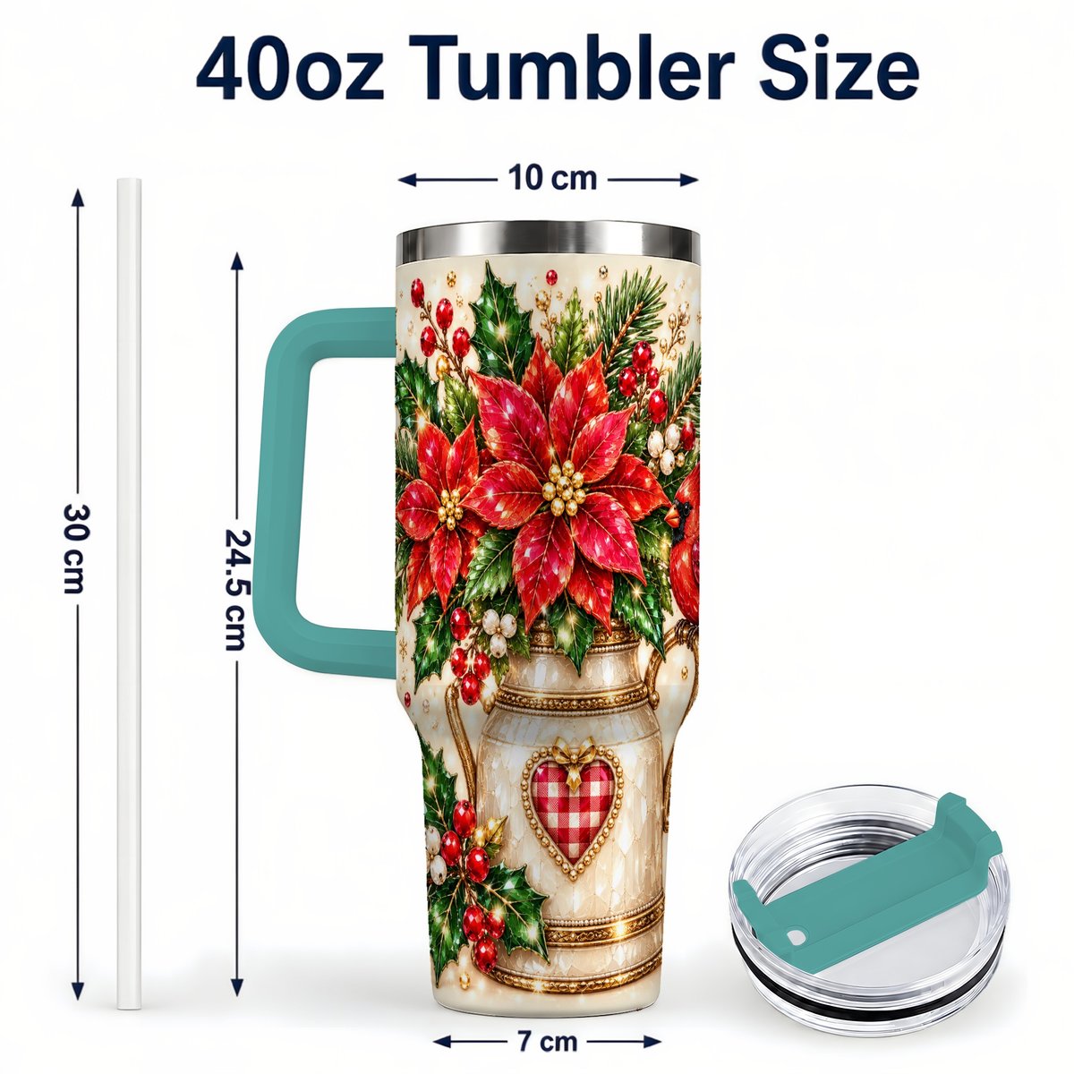 #pl[Green] Cardinal Poinsettia 40oz Tumbler with Handle, Festive Floral Art