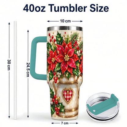 #pl[Green] Cardinal Poinsettia 40oz Tumbler with Handle, Festive Floral Art