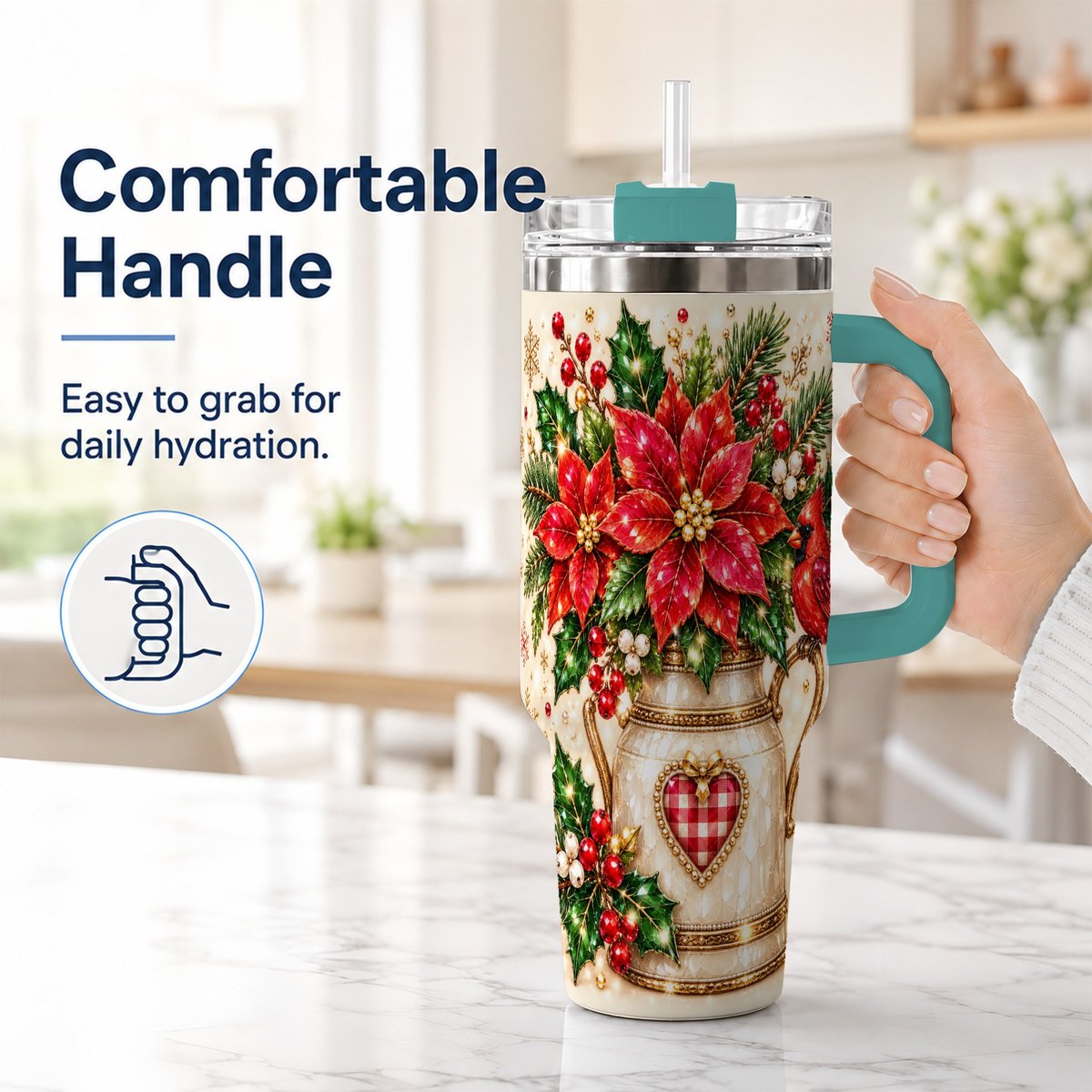 #pl[Green] Cardinal Poinsettia 40oz Tumbler with Handle, Festive Floral Art