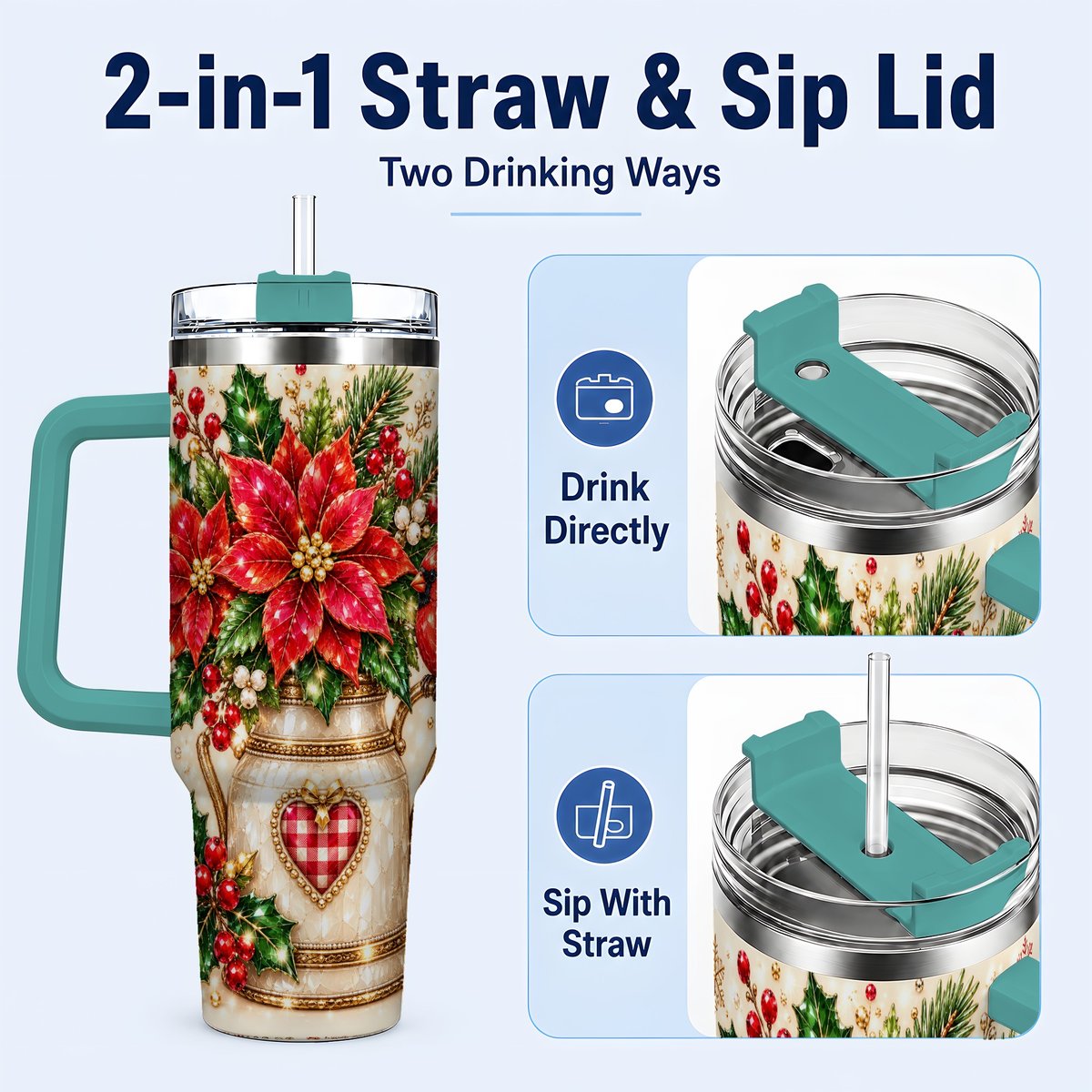 #pl[Green] Cardinal Poinsettia 40oz Tumbler with Handle, Festive Floral Art