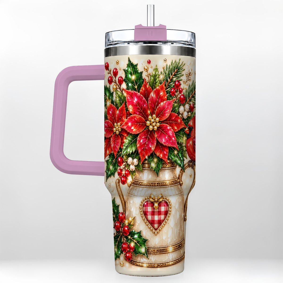 #pl[Pink] Cardinal Poinsettia 40oz Tumbler with Handle, Festive Floral Art