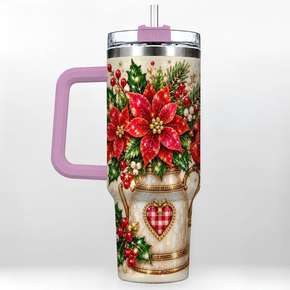 #pl[Pink] Cardinal Poinsettia 40oz Tumbler with Handle, Festive Floral Art