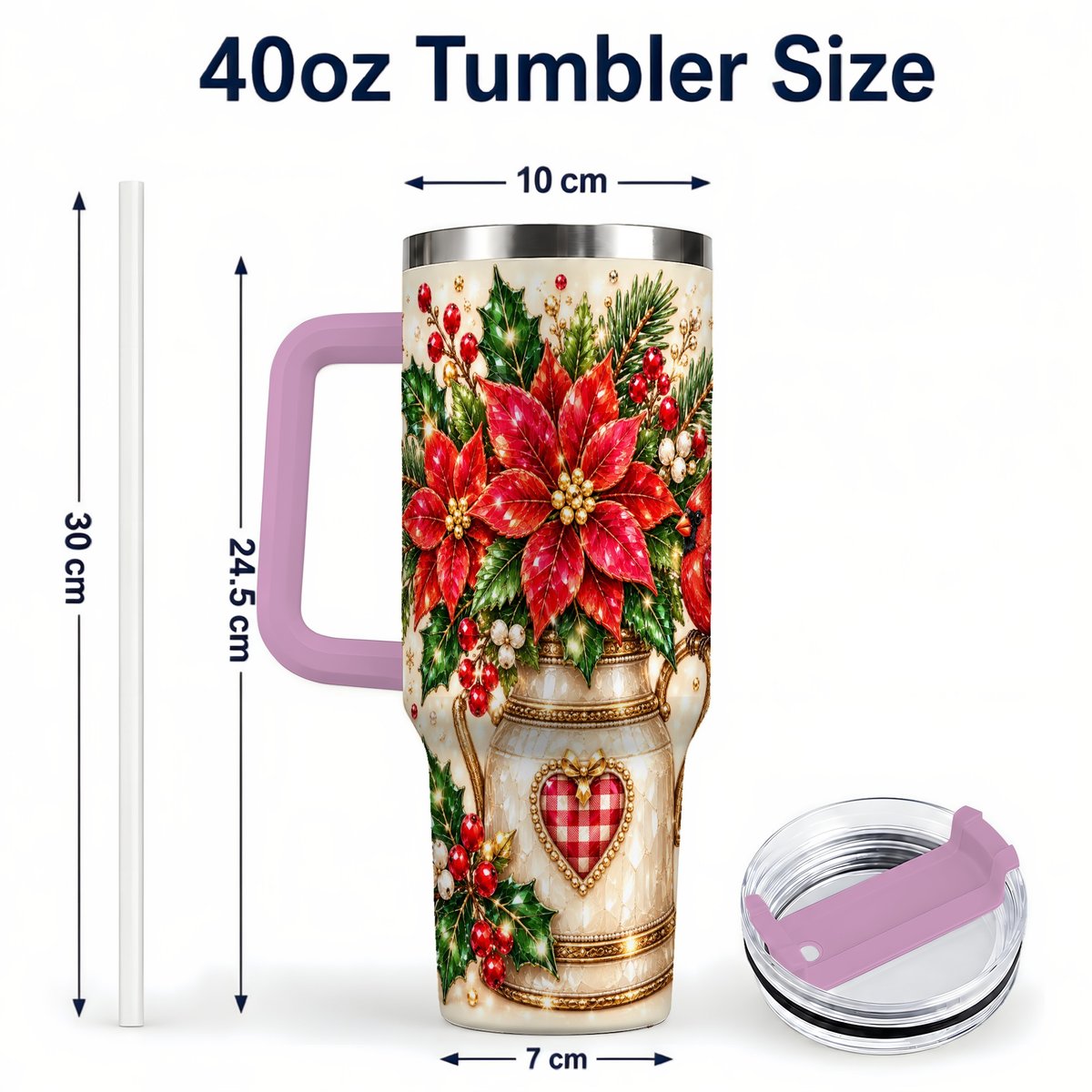 #pl[Pink] Cardinal Poinsettia 40oz Tumbler with Handle, Festive Floral Art
