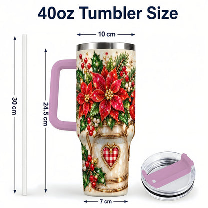 #pl[Pink] Cardinal Poinsettia 40oz Tumbler with Handle, Festive Floral Art