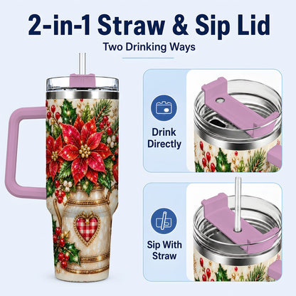 #pl[Pink] Cardinal Poinsettia 40oz Tumbler with Handle, Festive Floral Art