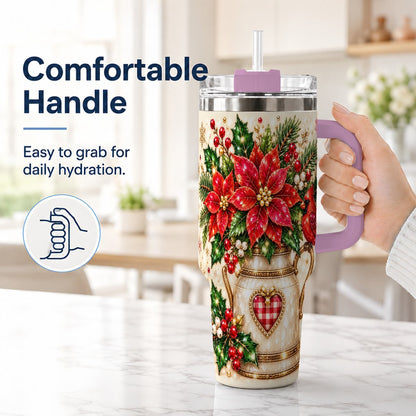 #pl[Pink] Cardinal Poinsettia 40oz Tumbler with Handle, Festive Floral Art