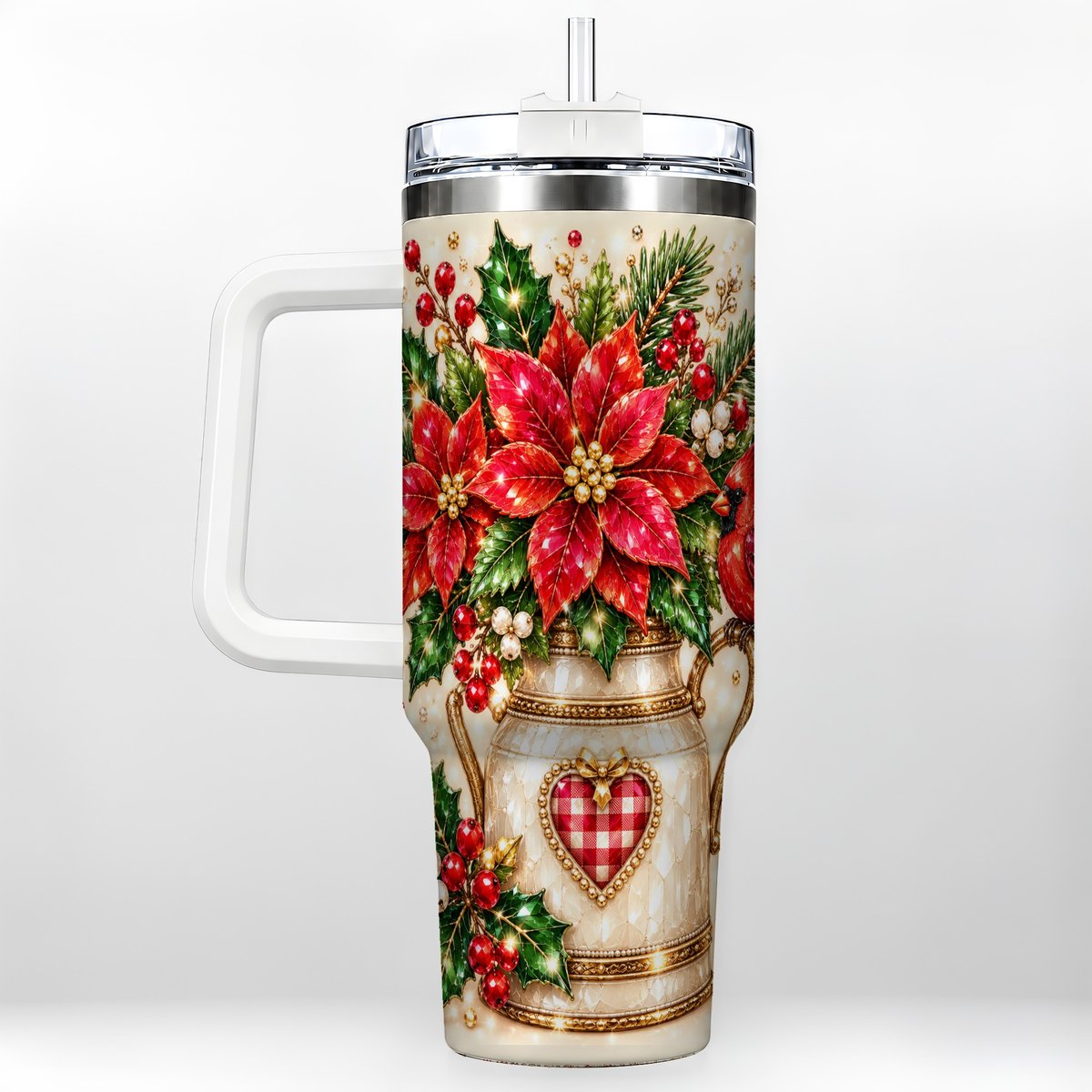 Cardinal Poinsettia 40oz Tumbler with Handle, Festive Floral Art