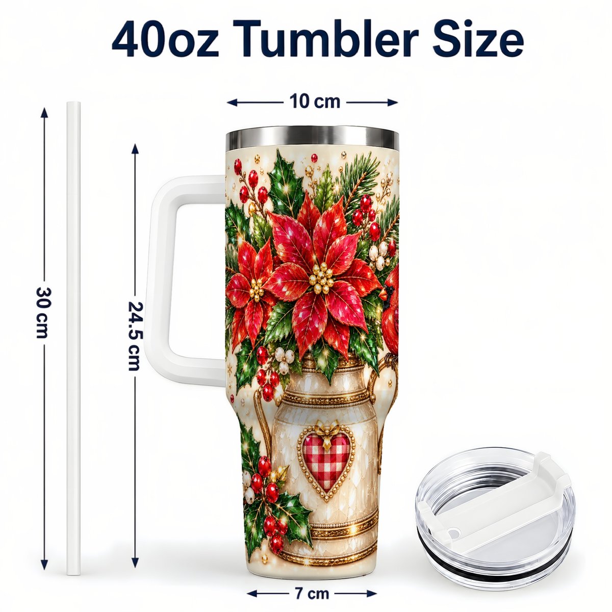 #pl[White] Cardinal Poinsettia 40oz Tumbler with Handle, Festive Floral Art