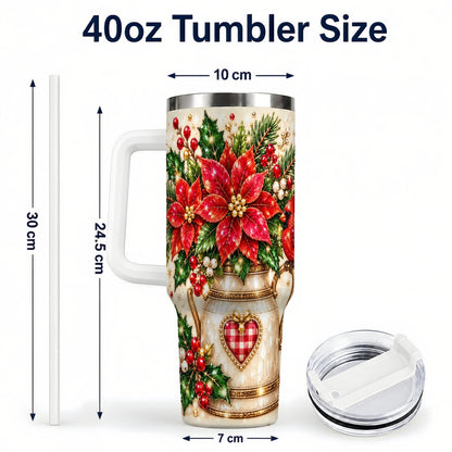 #pl[White] Cardinal Poinsettia 40oz Tumbler with Handle, Festive Floral Art