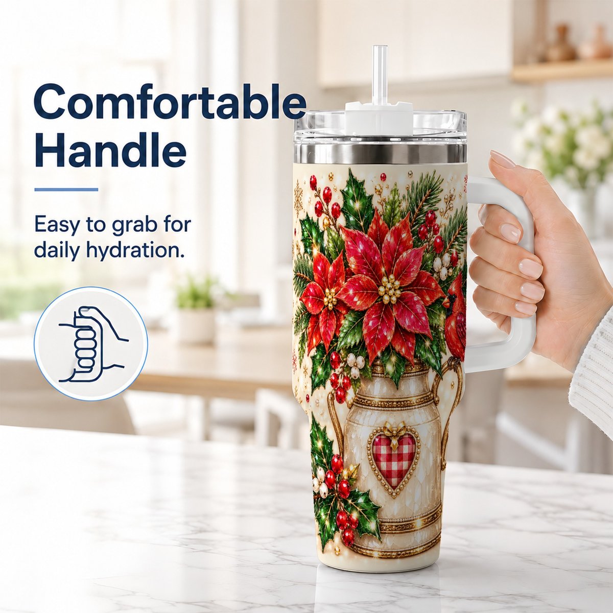 #pl[White] Cardinal Poinsettia 40oz Tumbler with Handle, Festive Floral Art