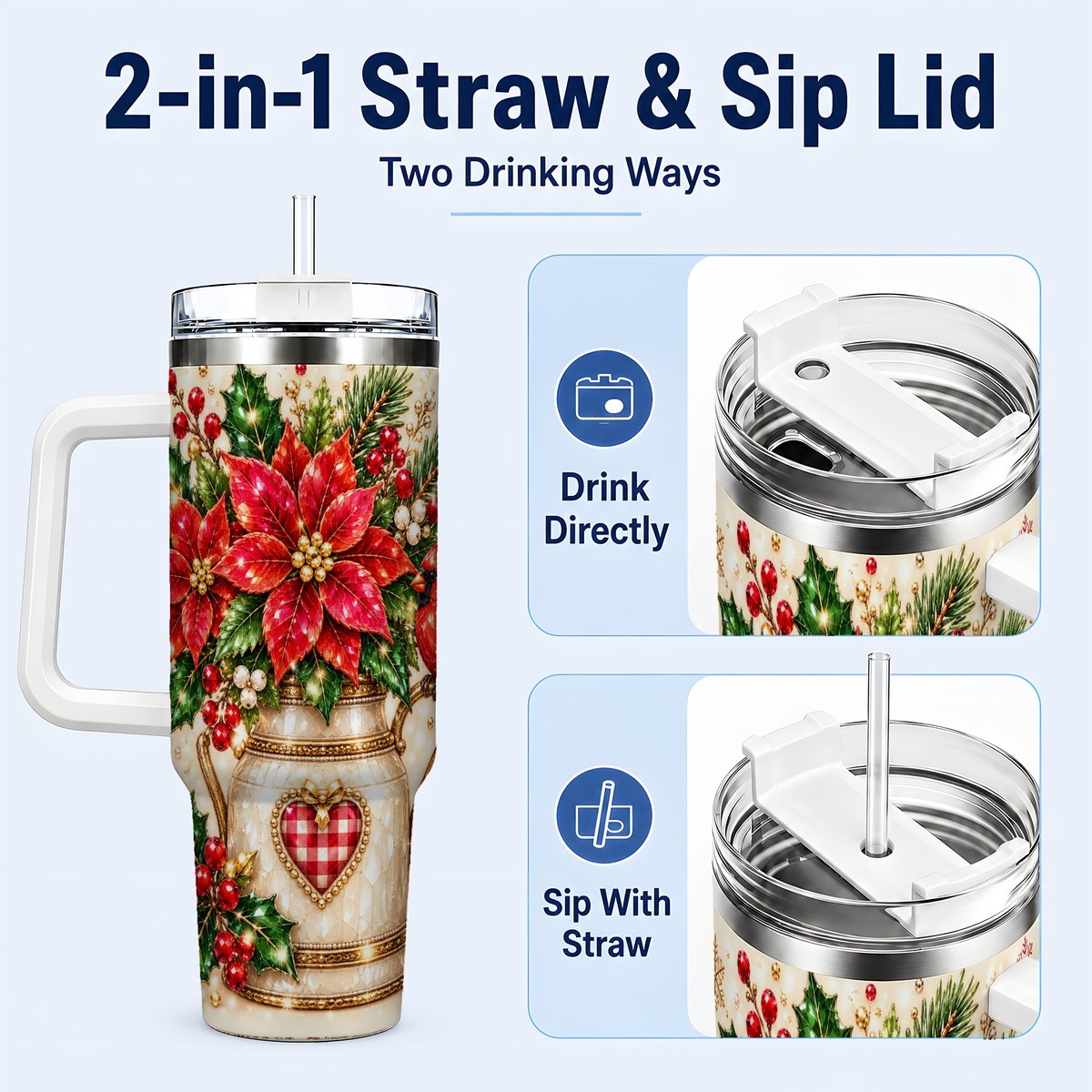 #pl[White] Cardinal Poinsettia 40oz Tumbler with Handle, Festive Floral Art