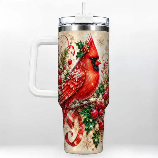Winter Cardinal 40oz Tumbler with Handle, Snowy Pine Holiday Art