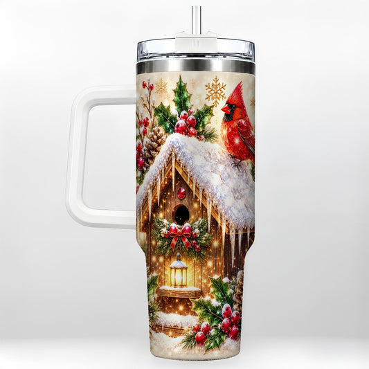 Snowy Birdhouse 40oz Tumbler with Handle, Winter Cardinal Art