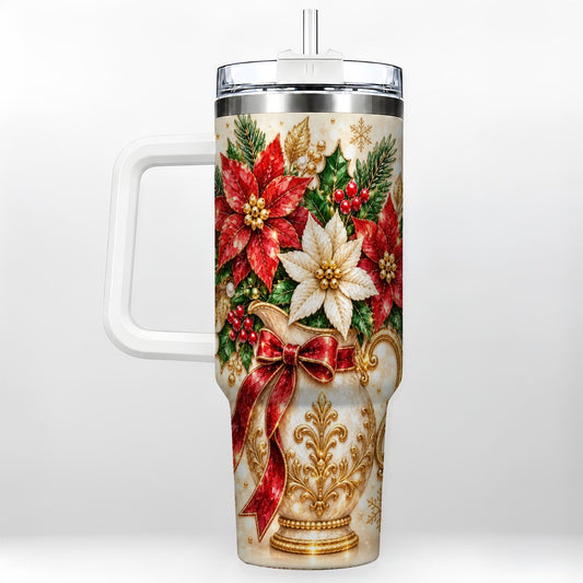 Poinsettia Bouquet 40oz Tumbler with Handle, Holiday Floral Art
