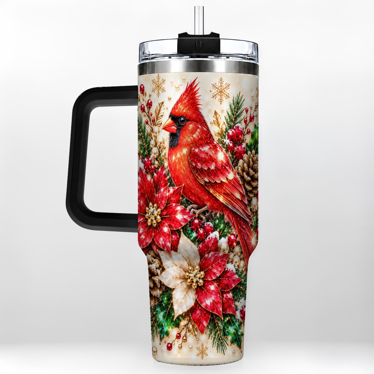 #pl[Black] Red Cardinal 40oz Tumbler with Handle, Poinsettia Winter Art