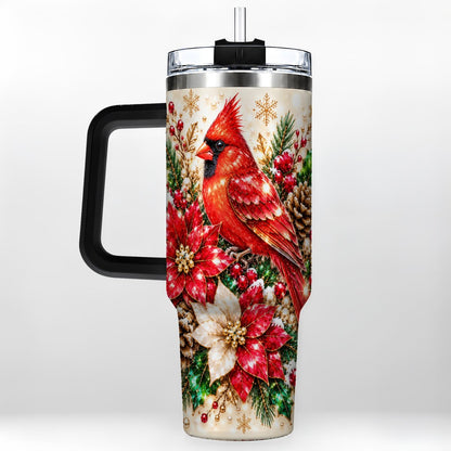#pl[Black] Red Cardinal 40oz Tumbler with Handle, Poinsettia Winter Art