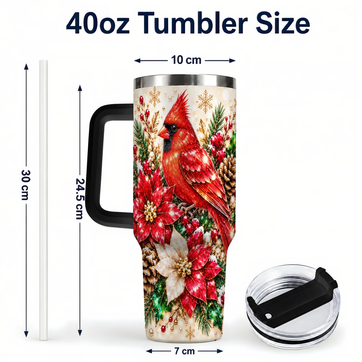 #pl[Black] Red Cardinal 40oz Tumbler with Handle, Poinsettia Winter Art