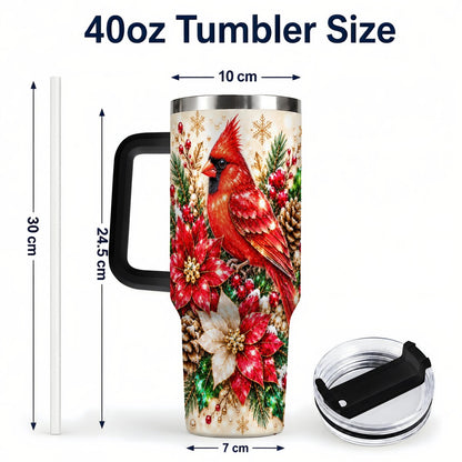 #pl[Black] Red Cardinal 40oz Tumbler with Handle, Poinsettia Winter Art