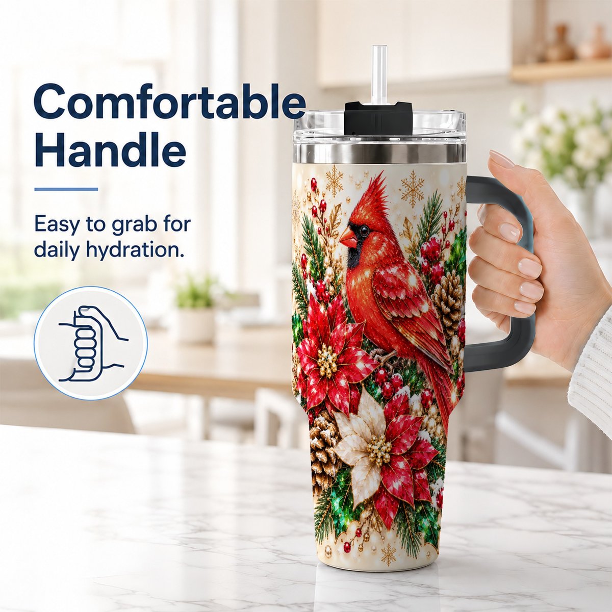 #pl[Black] Red Cardinal 40oz Tumbler with Handle, Poinsettia Winter Art